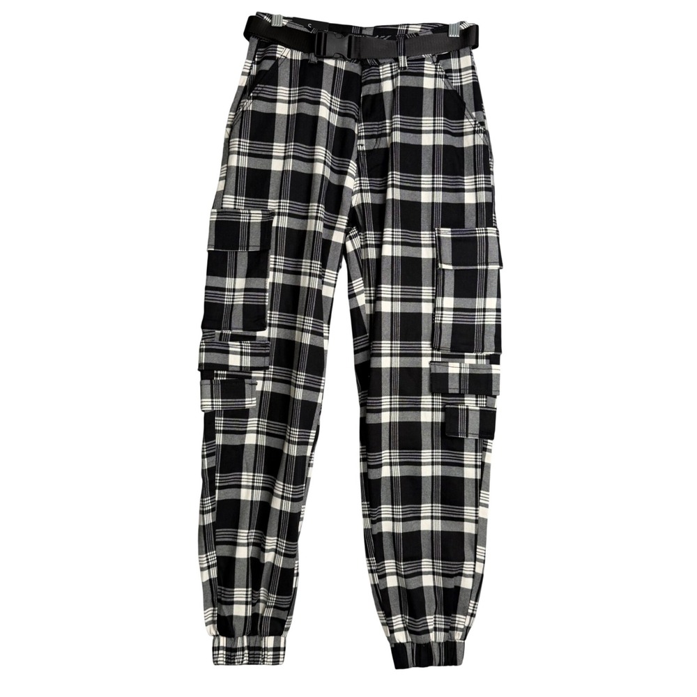 American Bazi Plaid Cargo Jogger Pants Womens S Black White Belted High Rise